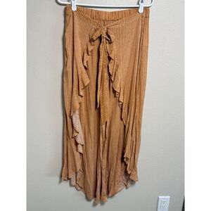 Kori America Mustard Ruffle Tulip Wide Leg Palazzo Pants Medium NWT Boho Striped